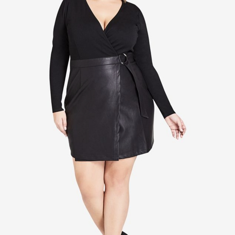 Plus Size Black Faux-Leather Wrap Dress with Belt